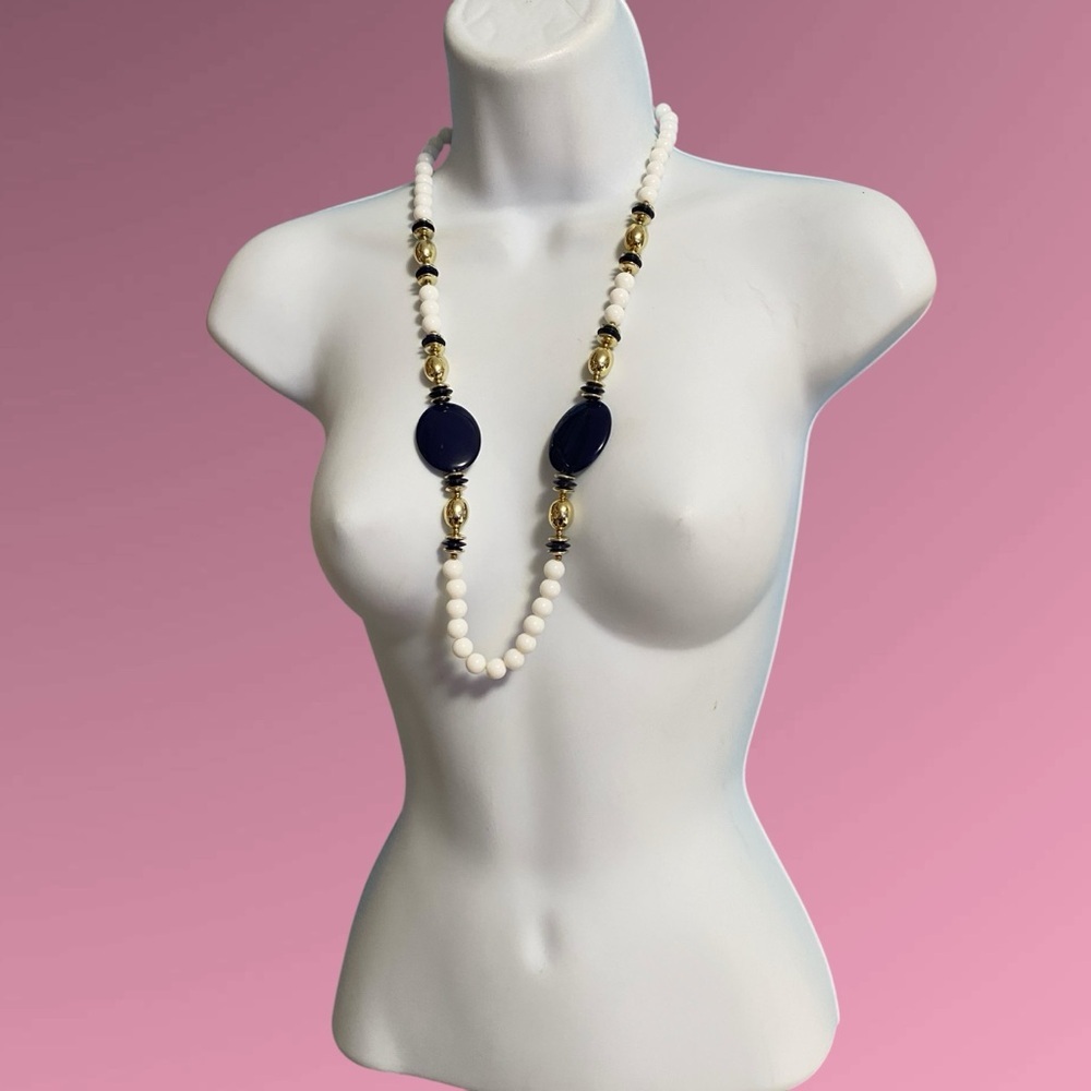 Navy White Gold Acrylic Vintage 1970's Chunky Necklace